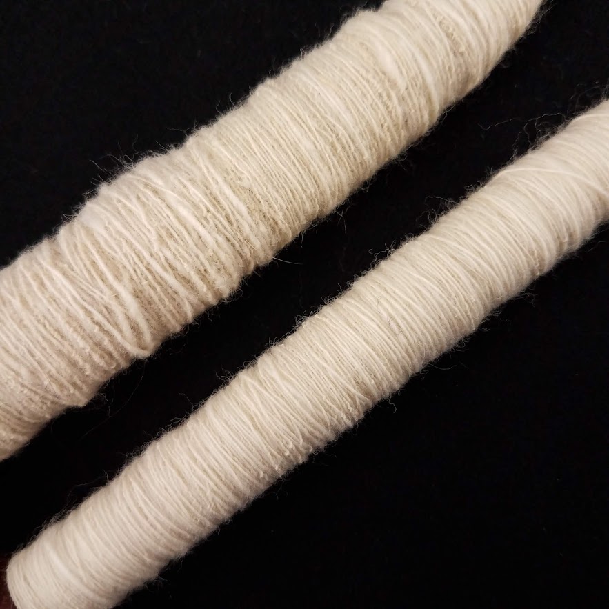 Milkweed-merino blend (top) compared to straight merino (bottom)