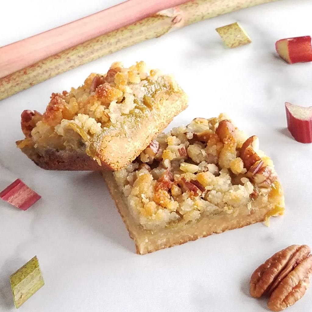 Knotweed and rhubarb combine to make a perfect sauce for these crumb bars