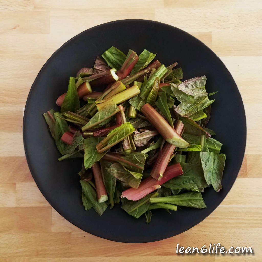 Poke before boiling - note the large amount of pink in leaves and stems